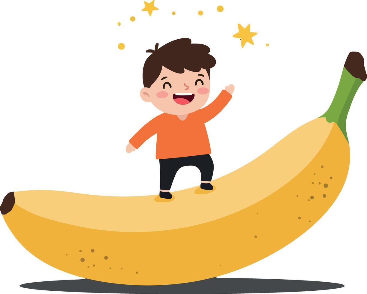 A joyful boy in an orange shirt standing on a large banana in a playful flat illustration vector