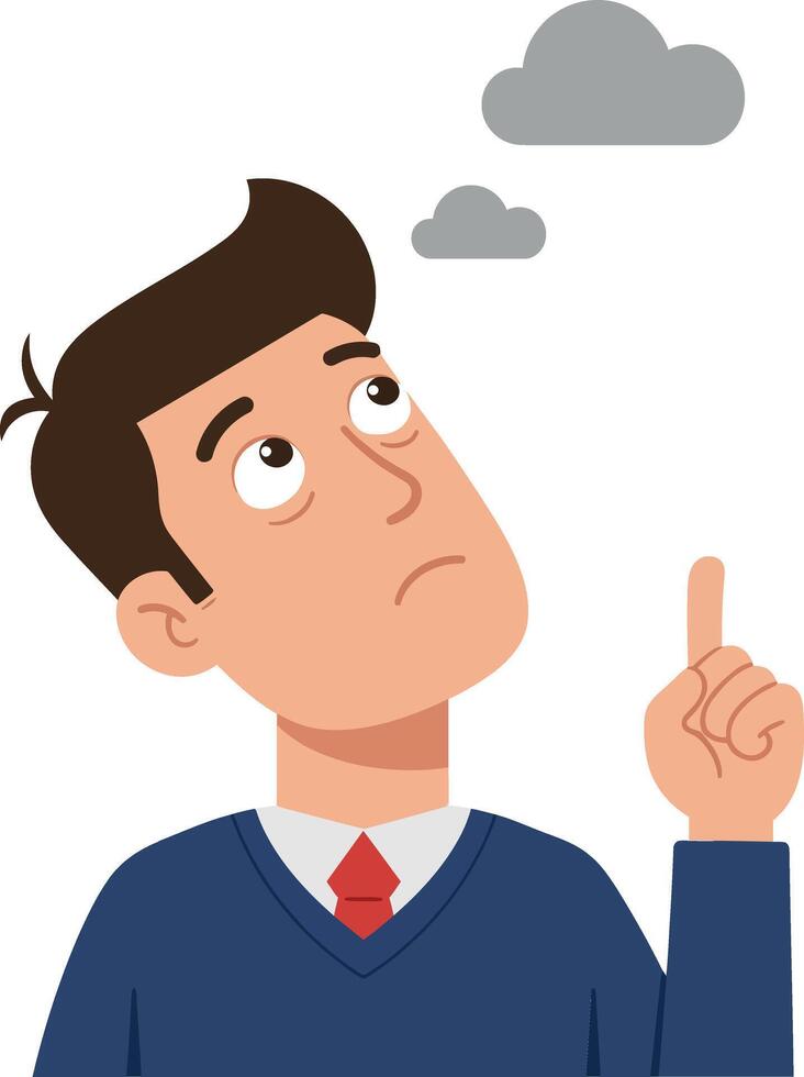 Thoughtful businessman in a blue sweater contemplating gray clouds above him in a flat illustration vector