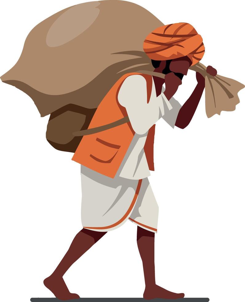Laborer carrying a large sack on his back in a minimal and colorful design style illustration vector