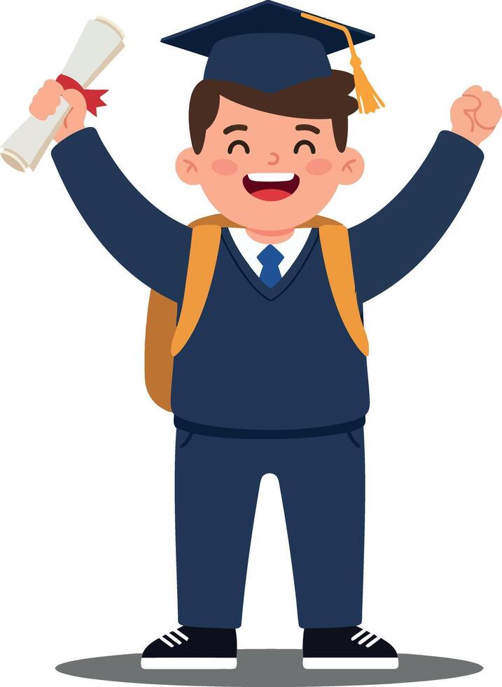 Cheerful young boy celebrating graduation in a blue suit with a diploma and backpack, minimal illustration vector