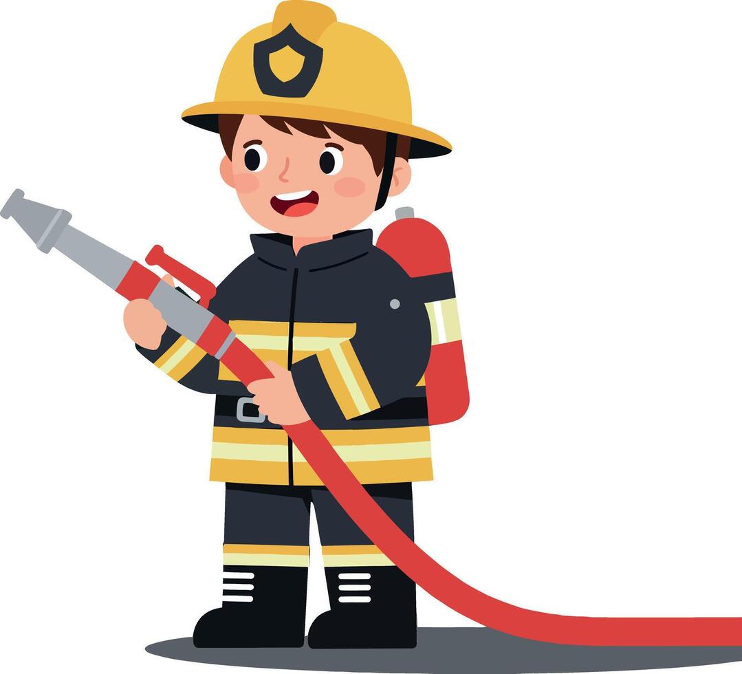 Cheerful young firefighter in flat design holding a fire hose while smiling, showcasing bravery and readiness in illustration vector