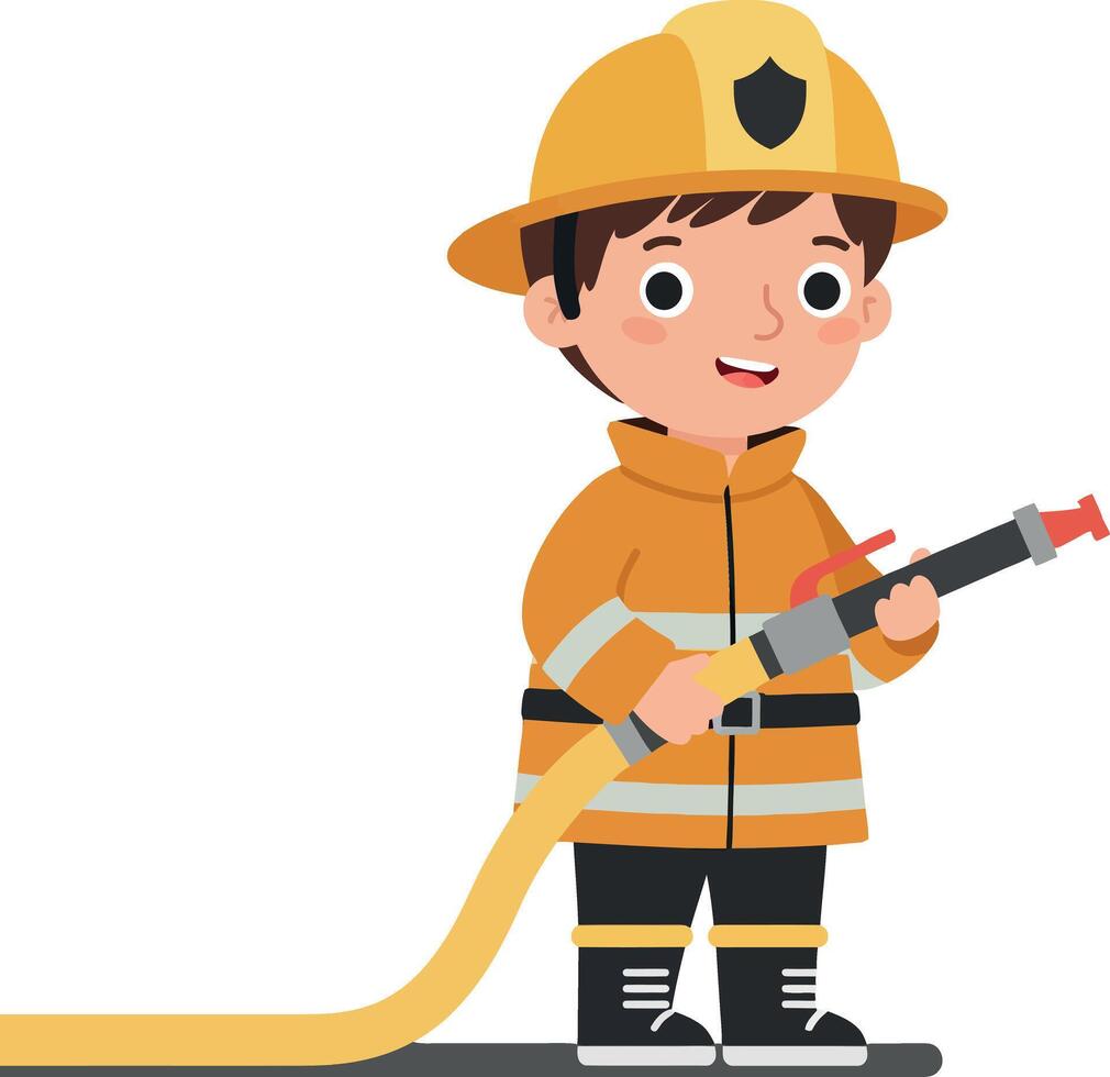 Young firefighter character in vibrant orange uniform with helmet, holding a hose, cheerful expression, flat design illustration vector