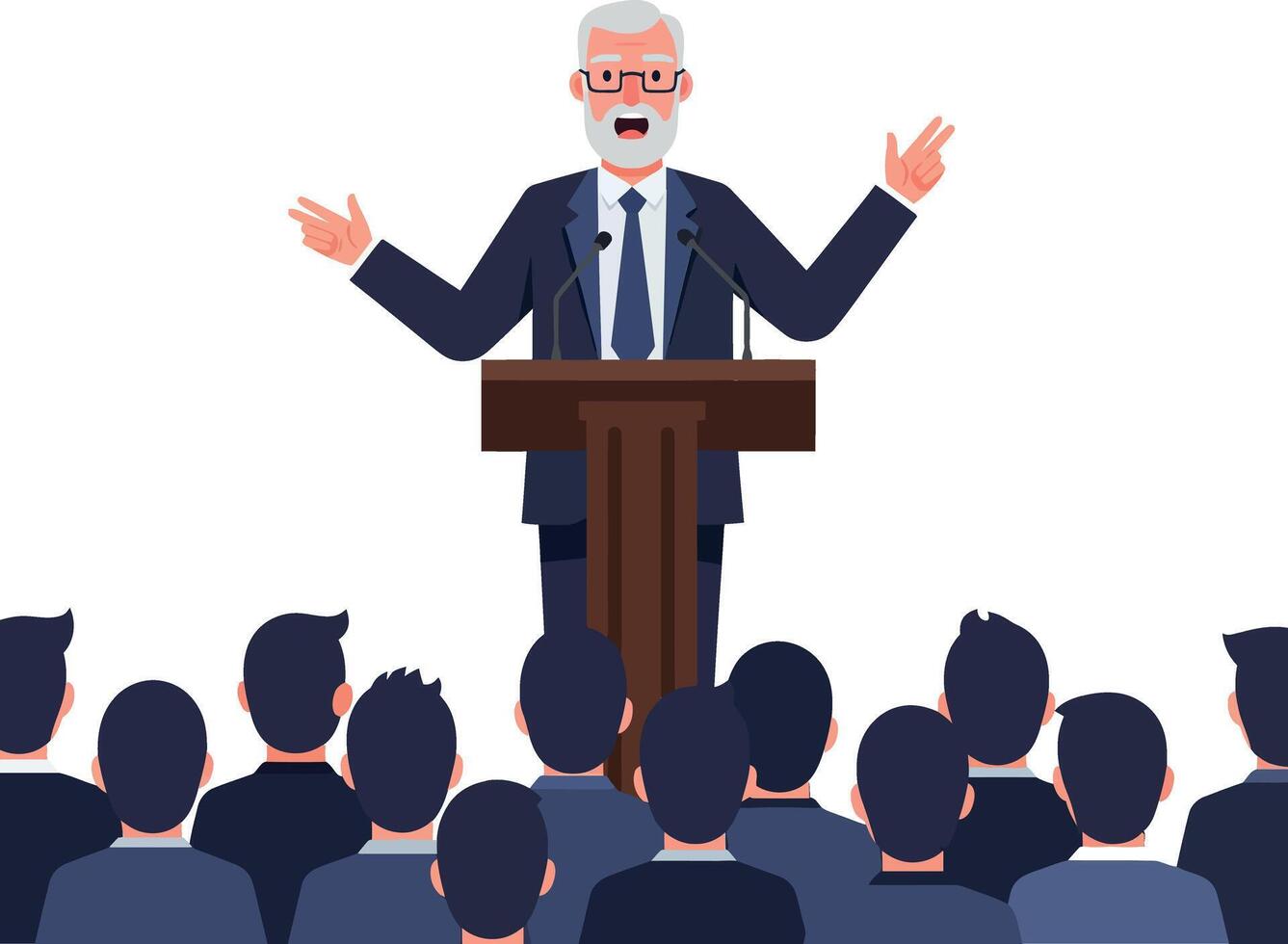 Engaging speaker at a podium enthusiastically addressing an attentive audience in a flat illustration setting, conveying energy and connection through digital art vector