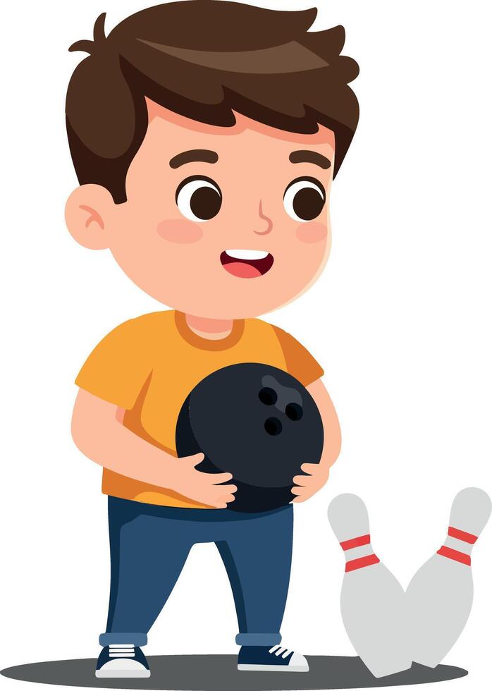 A cheerful boy in an orange shirt holding a bowling ball while preparing to knock down two white bowling pins in a flat illustration vector