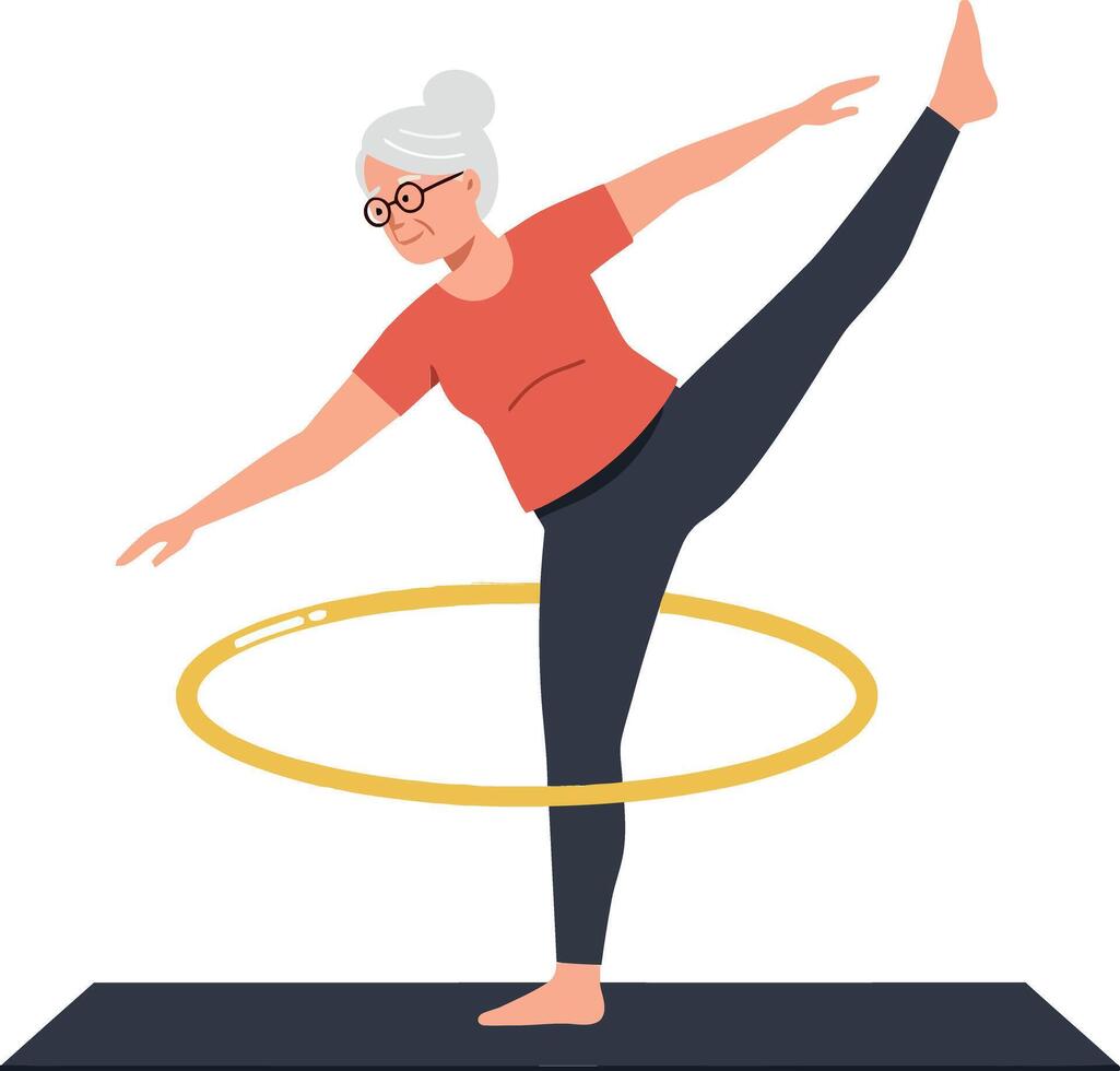 Older woman performing a graceful hula hoop exercise in a minimal style illustration with a joyful and energetic atmosphere vector