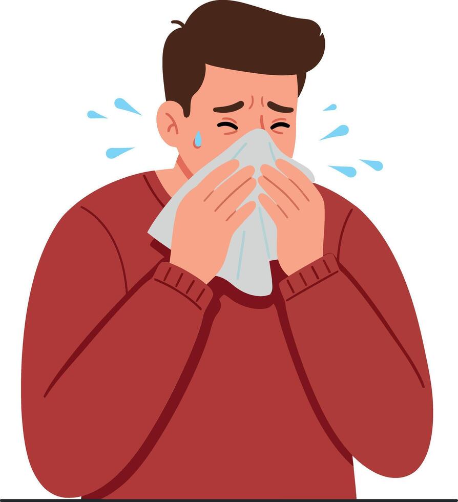 A man in a red sweater sneezing into a tissue with tears in his eyes, depicting illness in a flat illustration vector