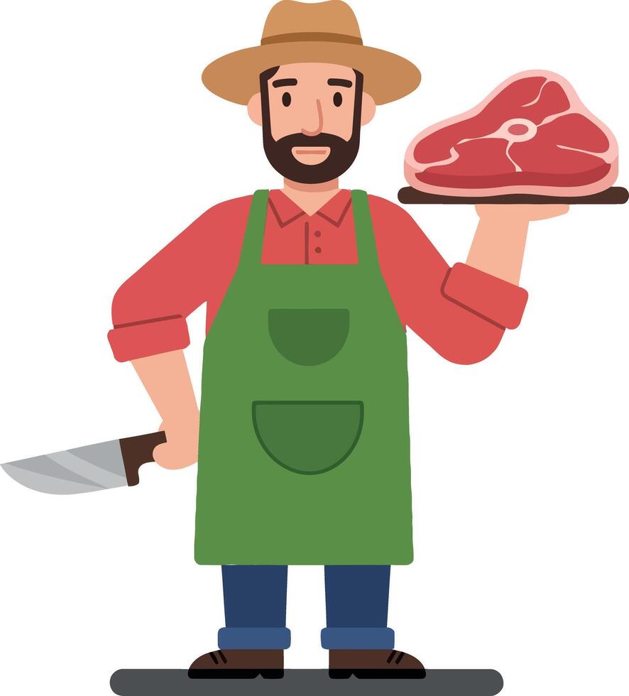 Butcher holding a large piece of meat with a knife, wearing a green apron and a straw hat, in a flat illustration vector