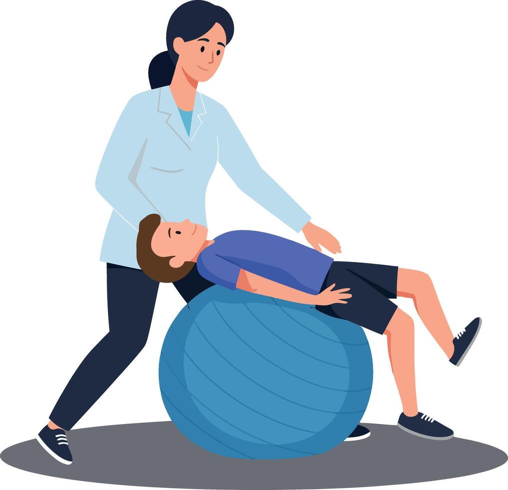 A professional therapist assisting a child on a blue exercise ball in a bright, cheerful setting, showcasing a flat design illustration vector