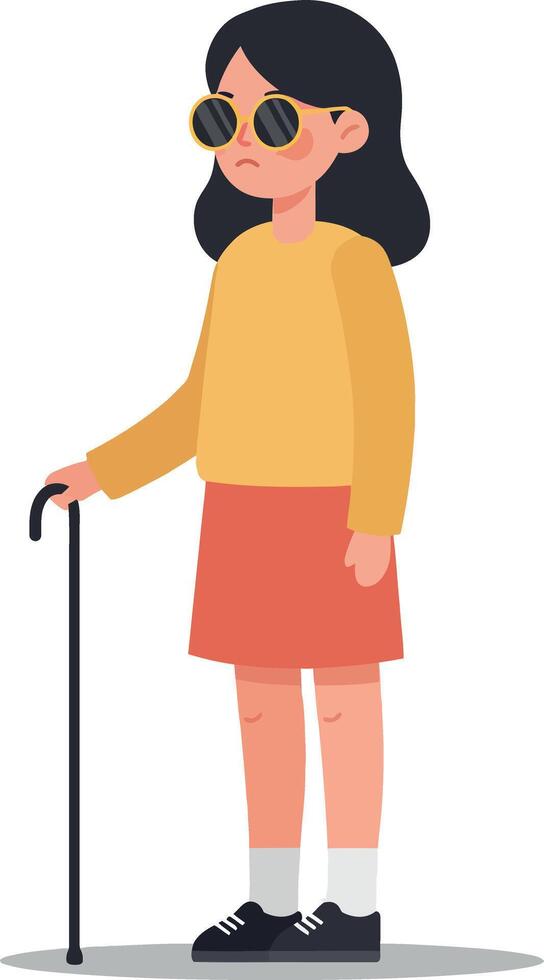 Young girl with sunglasses and a cane wearing a bright yellow sweater and red skirt in a minimal flat illustration vector