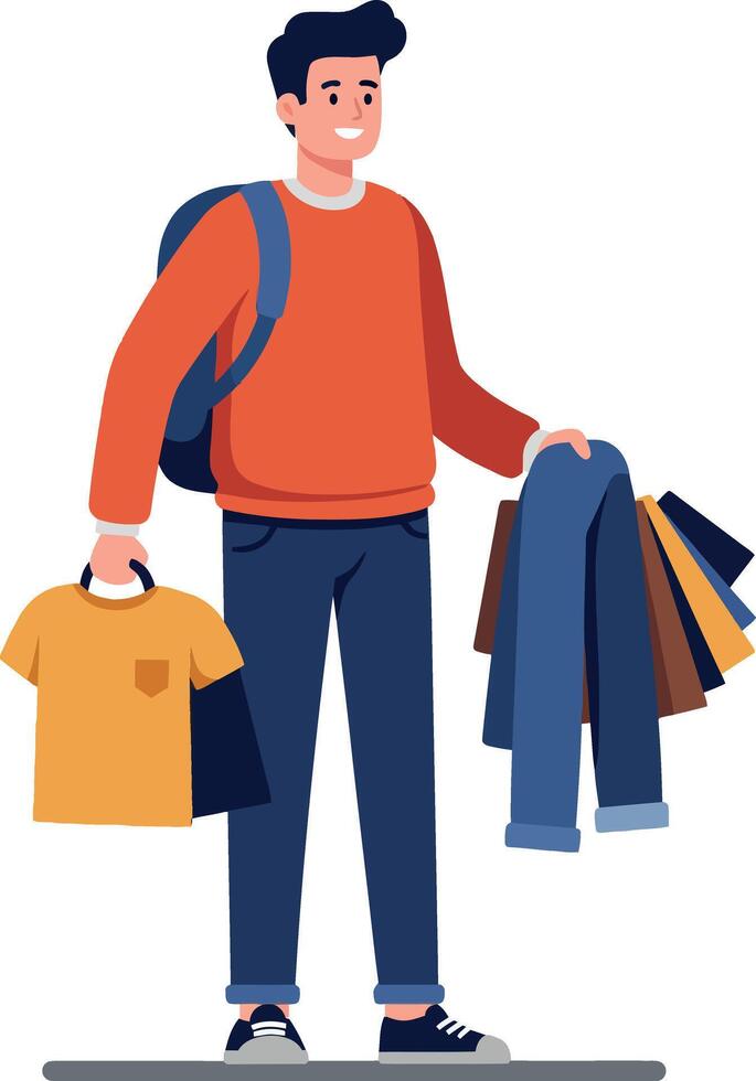 Young man holding colorful clothing items in a modern casual outfit, showcasing flat art style with a cheerful atmosphere of shopping and fashion exploration illustration vector