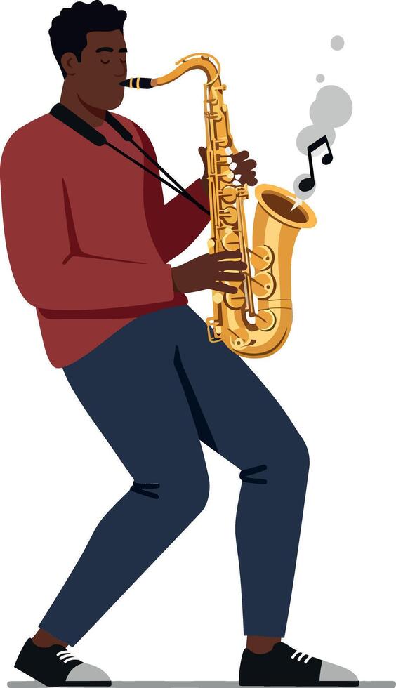 A young man playing a golden saxophone in a lively atmosphere, showcasing his passion for music in a flat illustration vector