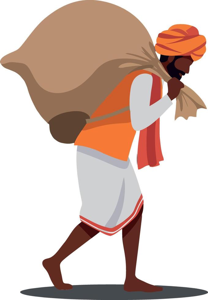 A man in traditional attire walking with a large sack over his shoulder in a flat illustration style depicting hard work and resilience vector