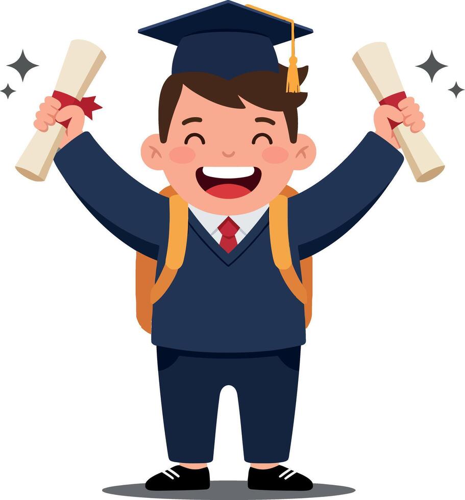 Happy young boy celebrating graduation in a blue cap and gown holding diplomas in flat art vector