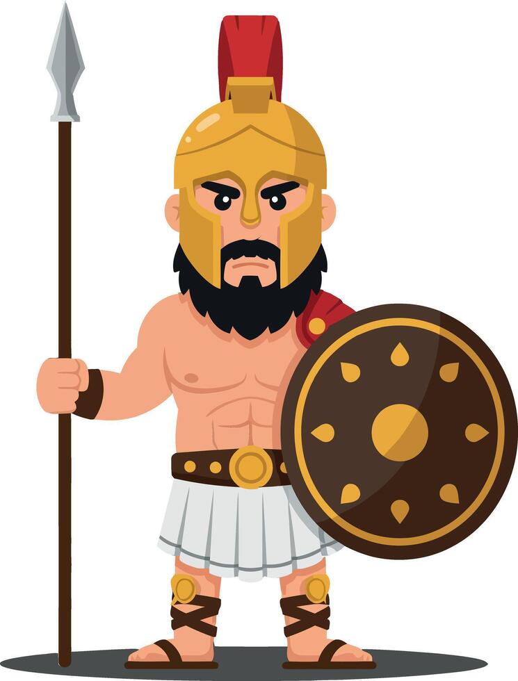 A muscular warrior standing confidently with a spear and shield, showcasing a flat design style in vibrant colors, illustration vector