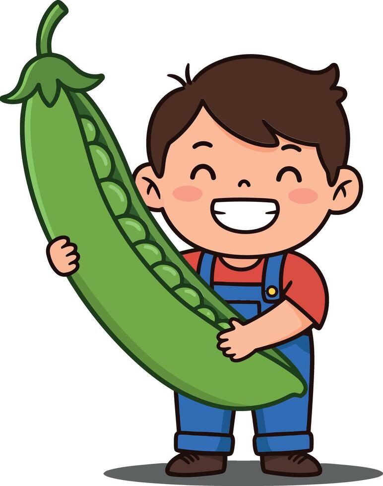 Happy boy holding a giant green pea in a playful and colorful flat illustration showcasing joy and childhood innocence in a whimsical setting vector