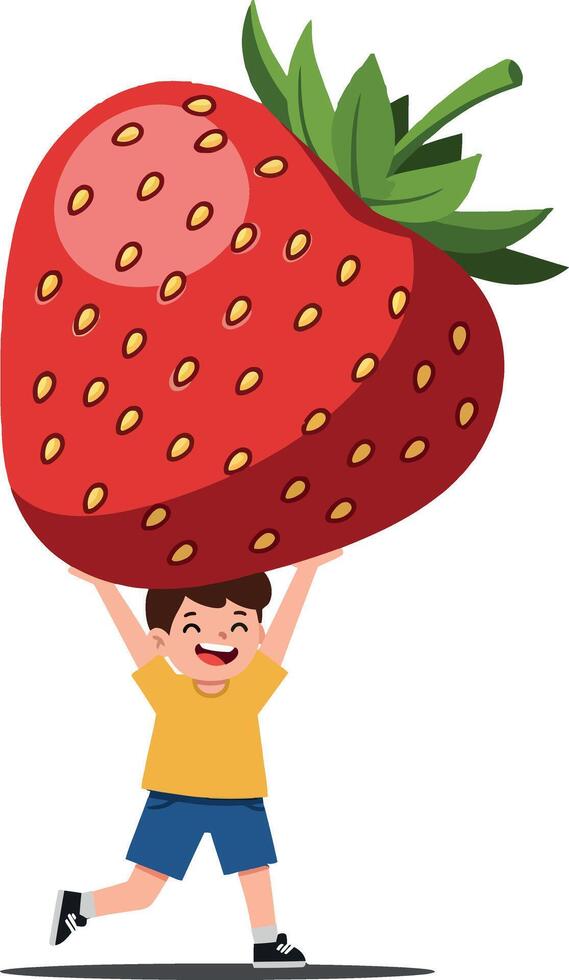 A cheerful boy joyfully lifting an oversized strawberry in a playful flat illustration, capturing the essence of childhood joy and imagination through vibrant colors and fun shapes in art vector