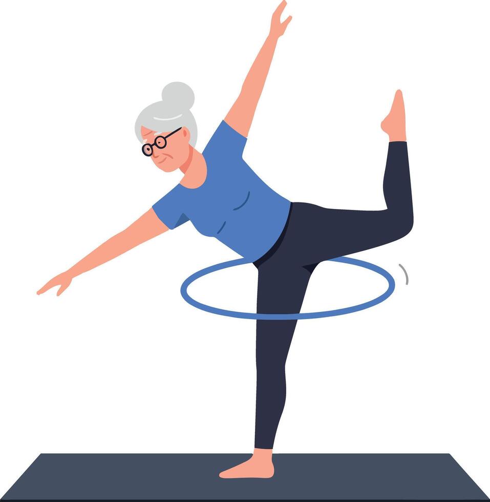 Senior woman gracefully balancing on one leg while hula hooping in a minimal flat design art vector