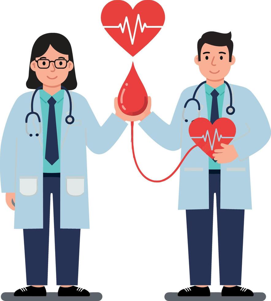 Two healthcare professionals in lab coats holding a blood drop and heart symbol in a flat style illustration vector