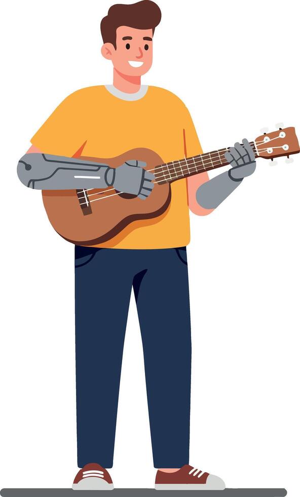 A young man with a robotic arm playing an acoustic guitar in a casual setting, showcasing a minimal design style, perfect for illustration vector