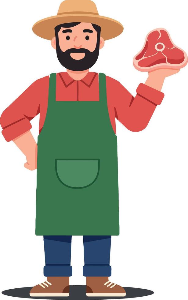 A smiling butcher in an apron proudly holding a fresh cut of meat, illustrated in a flat, colorful art style that conveys a warm and inviting atmosphere vector