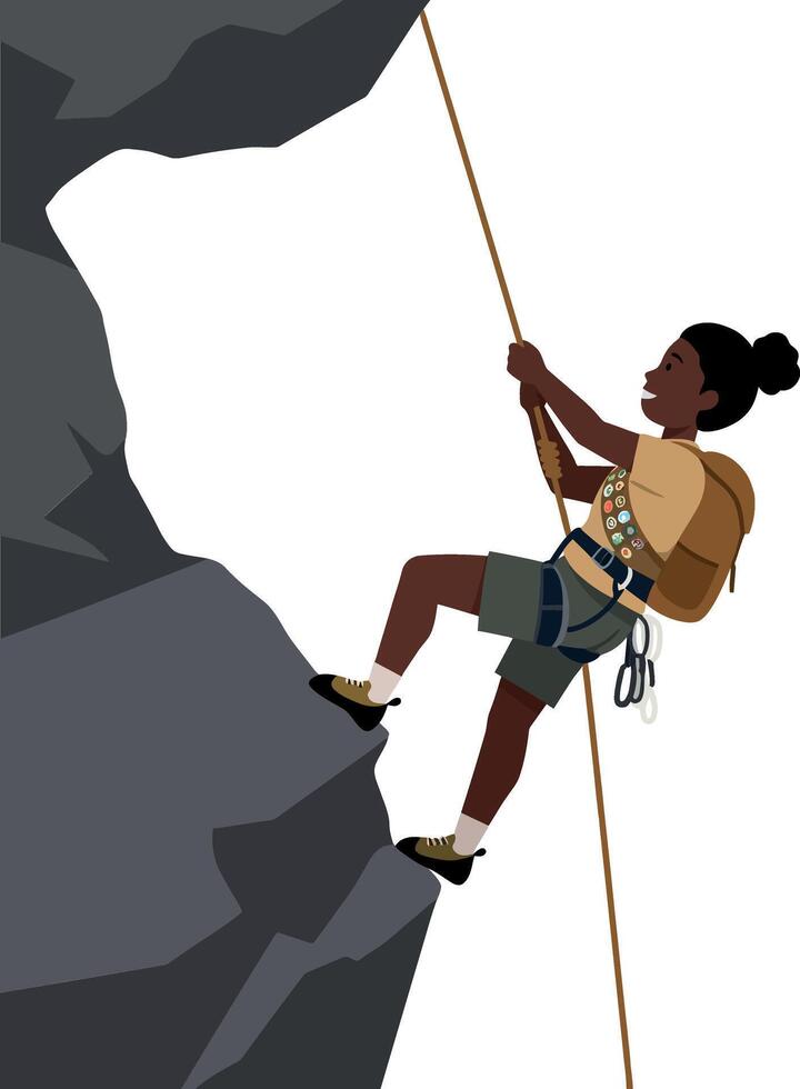 A determined climber scaling a steep rock face with a harness in a flat illustration showcasing adventure and resilience in the great outdoors art vector