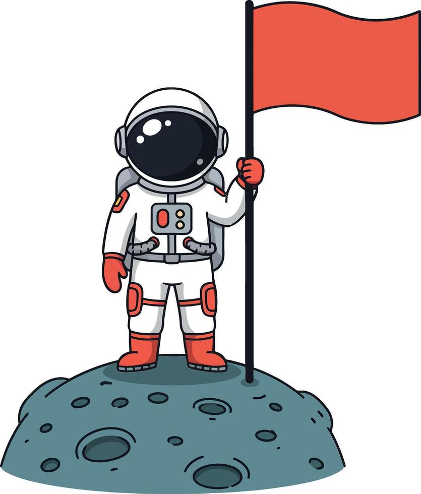 Astronaut standing proudly on a lunar surface while holding a vibrant red flag in a playful, cartoonish flat design illustration vector
