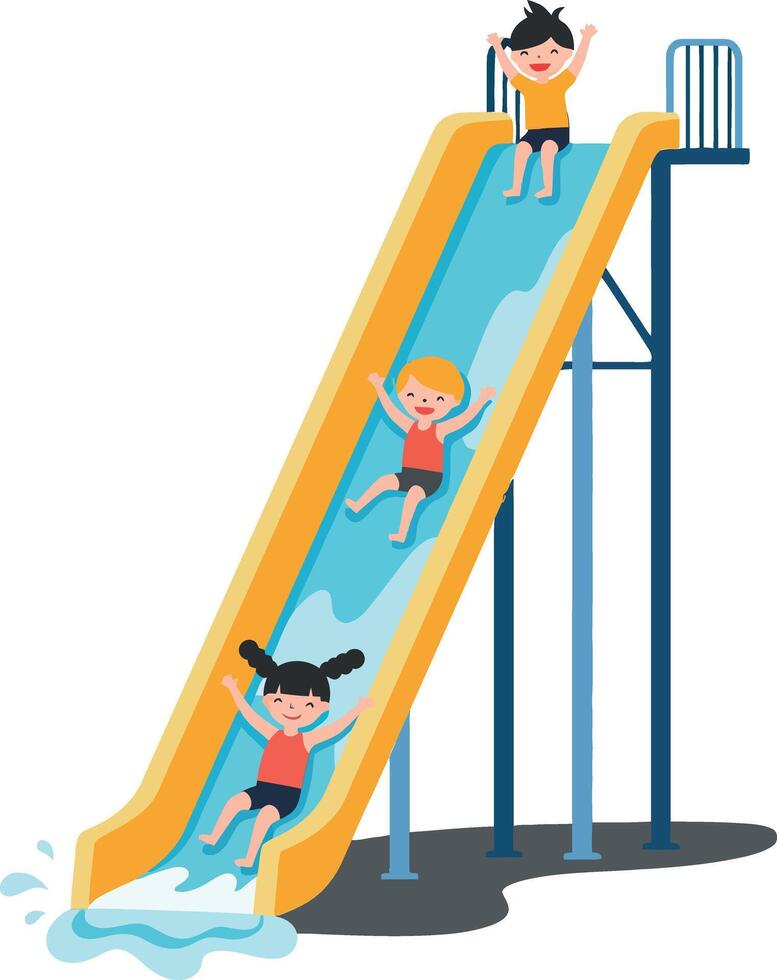 Three joyful children sliding down a bright yellow water slide in a flat, colorful design illustration vector