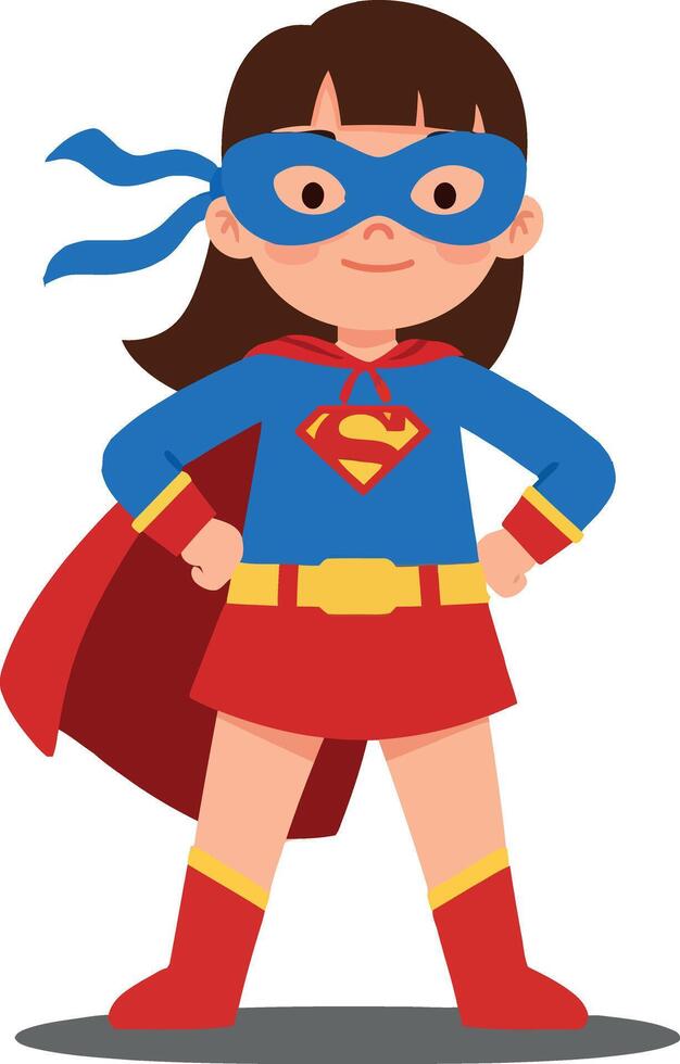 Young superhero girl stands confidently with hands on hips in a colorful flat design illustration vector