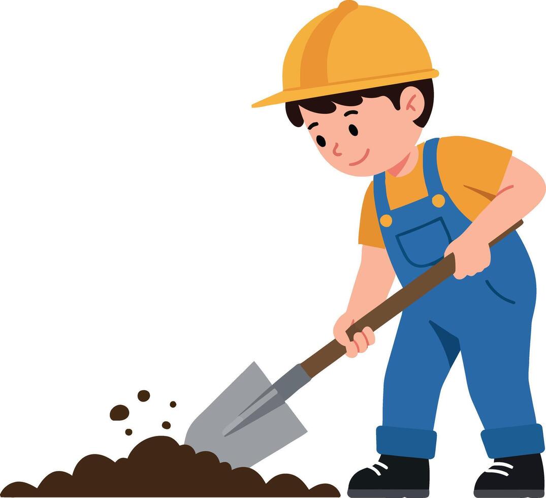 A cheerful boy in a yellow hard hat and blue overalls digging with a shovel in brown soil, depicted in a flat illustration style vector