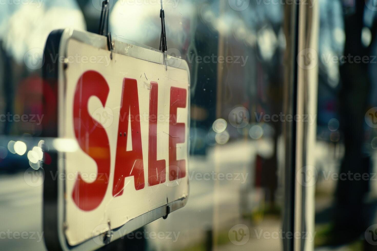 SALE sign hangs in a store window, reflecting a busy street outside photo