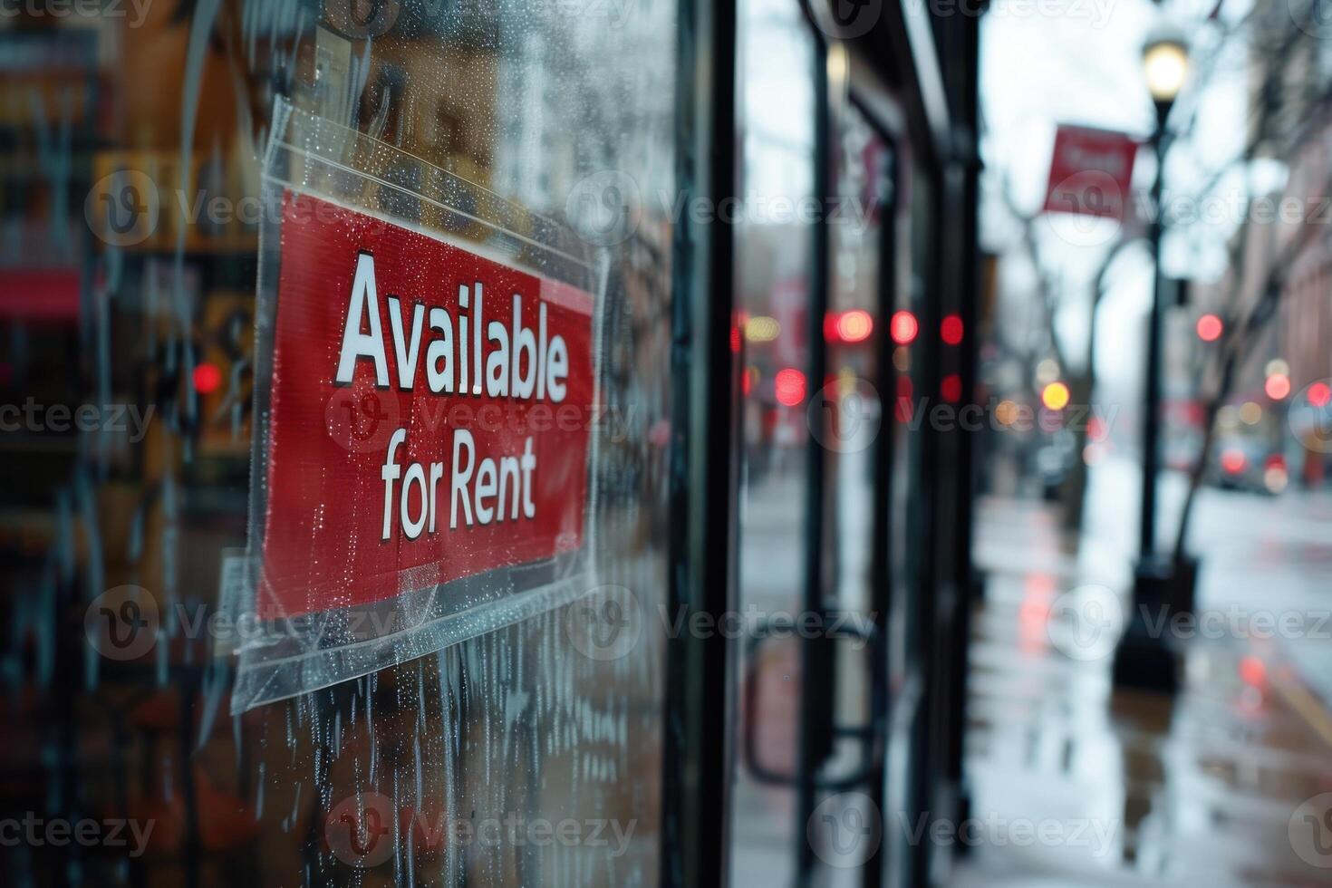 wet glass storefront with an Available for Rent sign photo