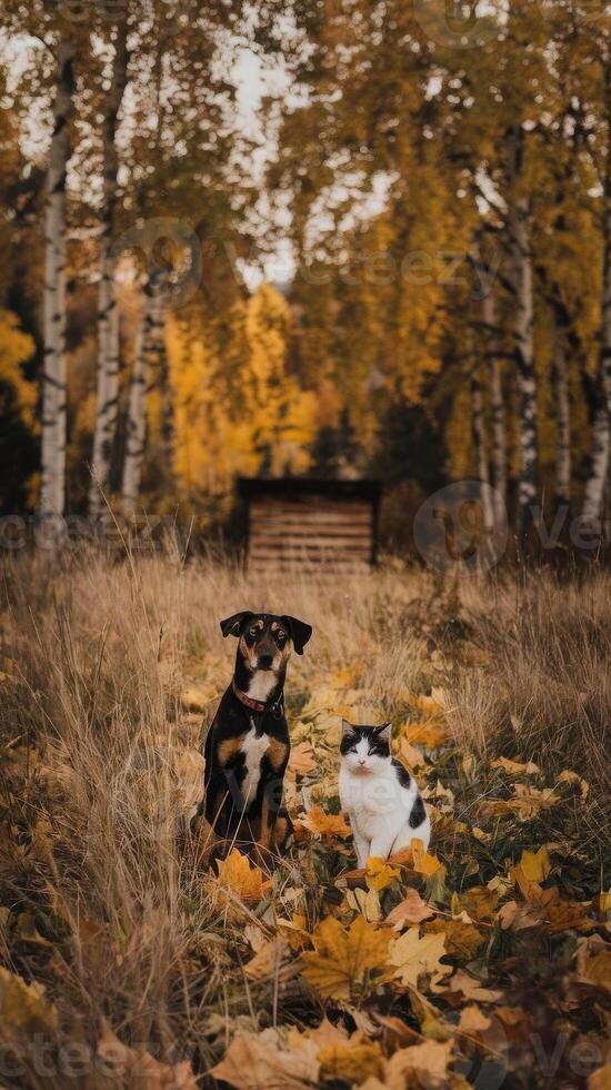 A dog and cat in the woods photo