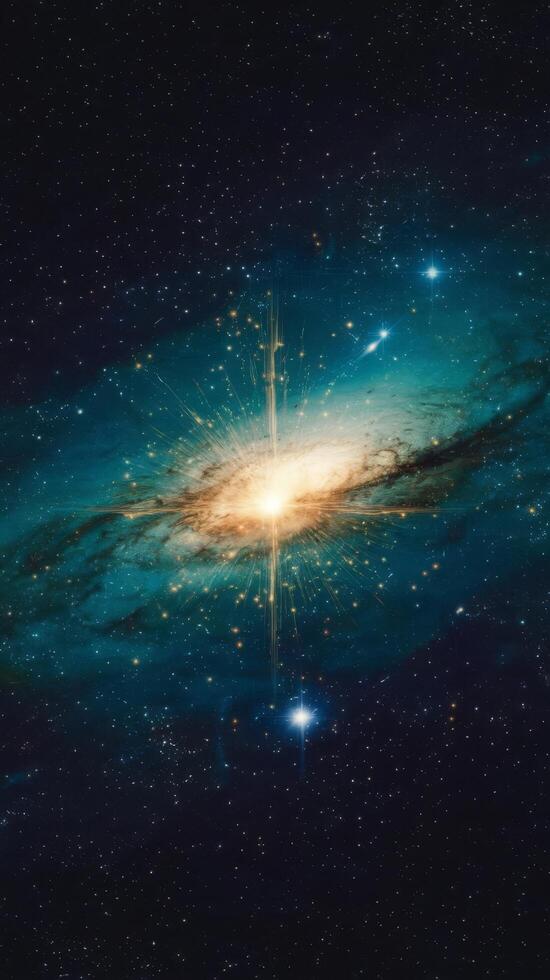 Burst of light in space night starry sky and bright blue green galaxy horizontal background photo