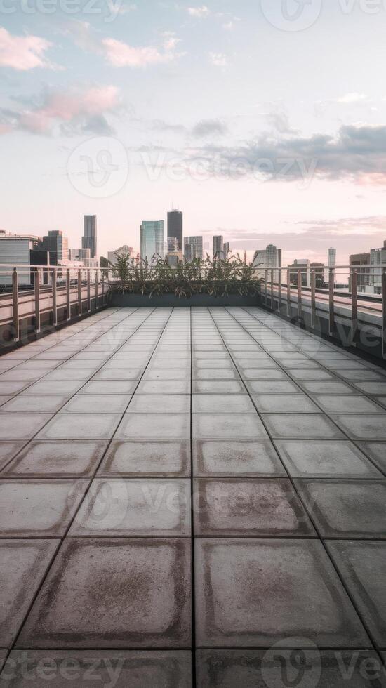 A view of the city skyline from a rooftop photo