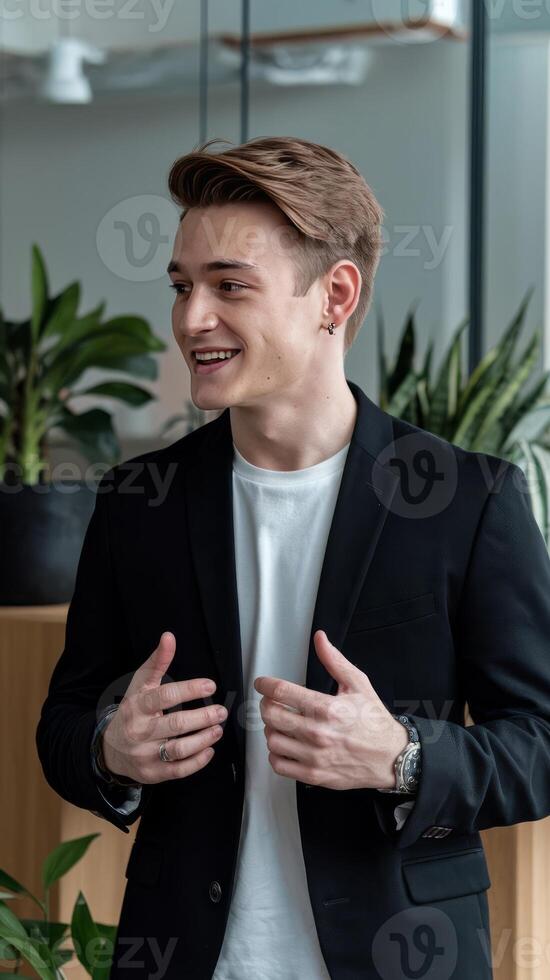 A man in a suit standing in front of a plant photo