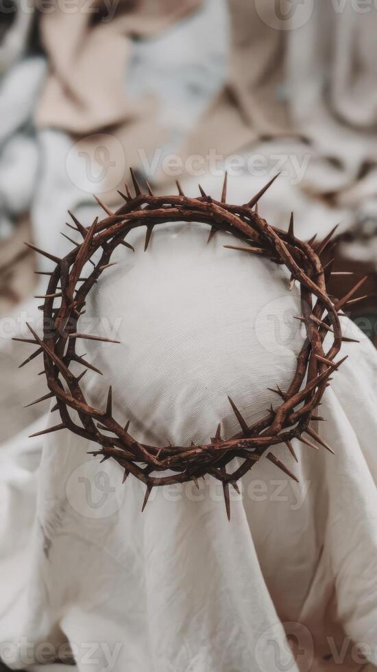 A crown of thorns is on top of a bed photo