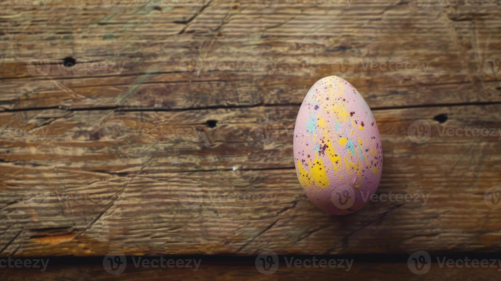 A single colorful speckled Easter egg rests on a rustic wooden surface photo