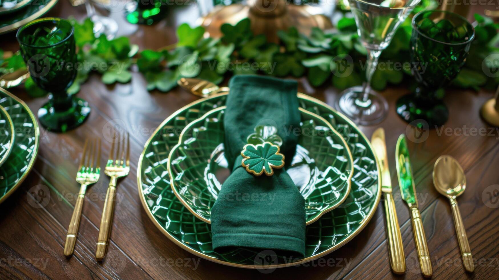 St. Patrick s Day table with green plates, gold cutlery, shamrocks photo