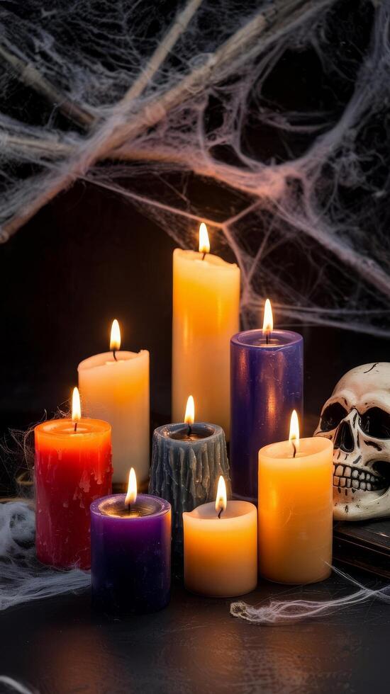 Burning candles over dark background halloween background with candles photo
