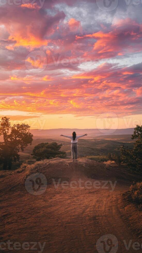 A person standing on a hill with their arms outstretched at sunset photo