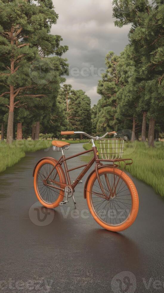 An orange bicycle is parked on a road in the woods photo