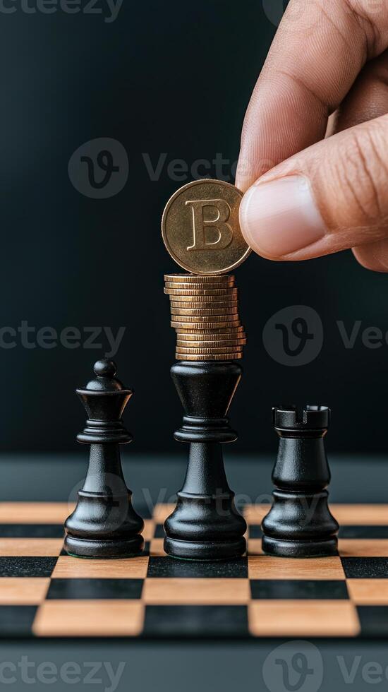 A hand placing a coin on a chess piece, symbolizing strategy in financial investment. photo