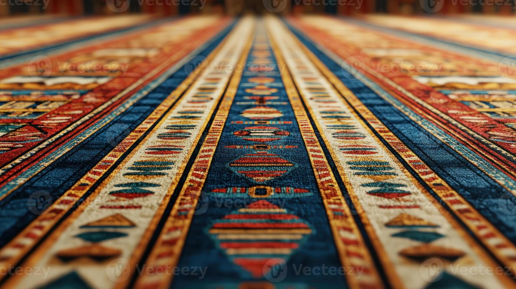 Intricate patterned carpet showcasing vibrant colors and symbols in detailed design. photo