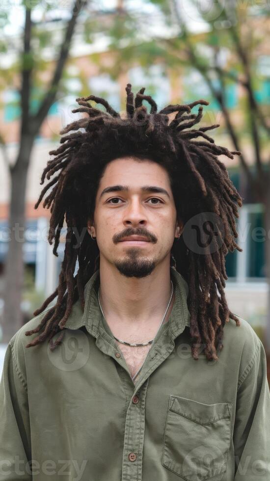 A man with dreadlocks standing in front of a tree photo