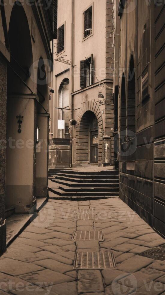 A black and white photo of a narrow street