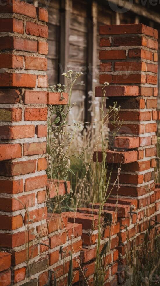 A brick wall with a broken brick in the middle photo