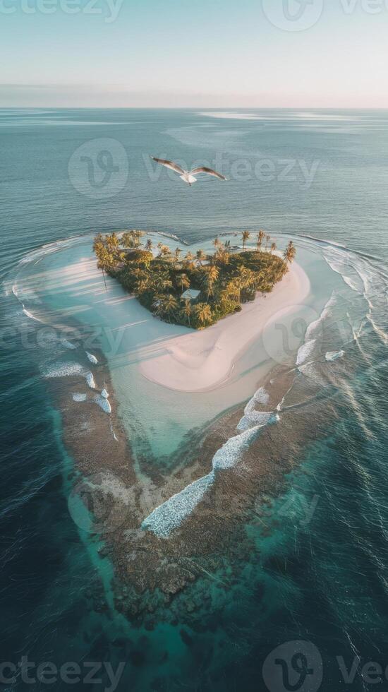 Island in the heart of the ocean with a bird flying over it photo