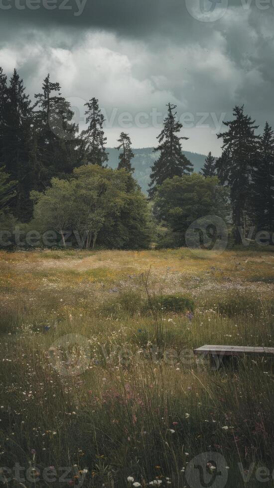 A bench sitting in a field with trees in the background photo