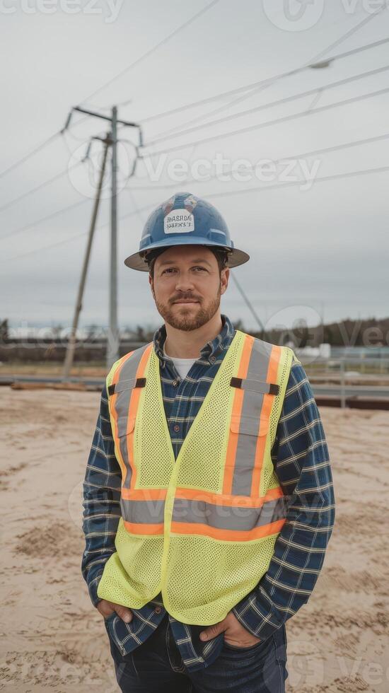 A man in a hard hat and vest standing in front of power lines photo