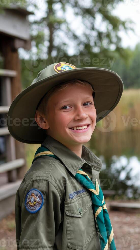 A boy wearing a scout uniform photo